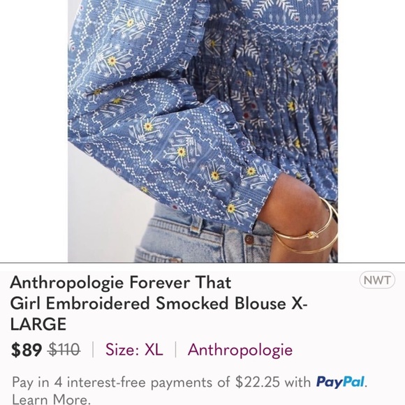 Size M NWT Anthropologie Forever That Girl Embroidered Smocked Blouse - Picture 5 of 11